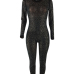  Trendy Turtleneck See-Through Hot Drilling Decorative Black Polyester One-piece Jumpsuits