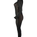  Trendy Turtleneck See-Through Hot Drilling Decorative Black Polyester One-piece Jumpsuits