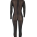  Trendy Turtleneck See-Through Hot Drilling Decorative Black Polyester One-piece Jumpsuits