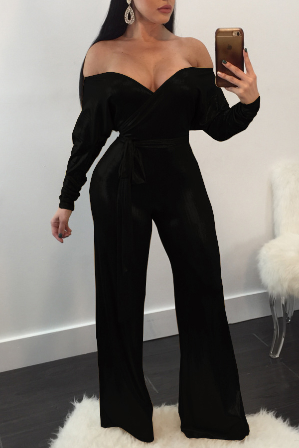  Trendy V Neck Beam Waist Black Polyester One-piece Jumpsuits(With Belt)