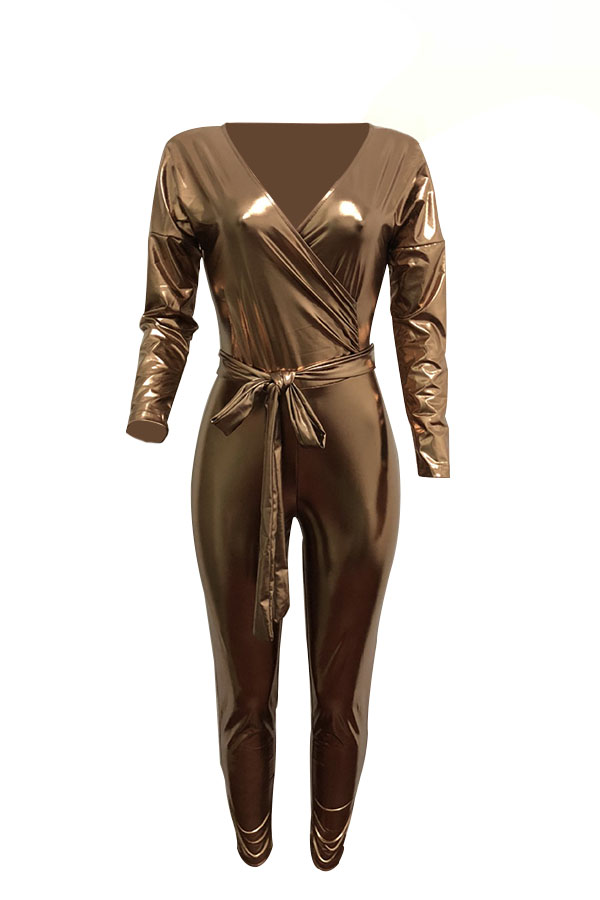  Trendy V Neck Beam Waist Gold Leather One-piece Jumpsuits(With Belt)