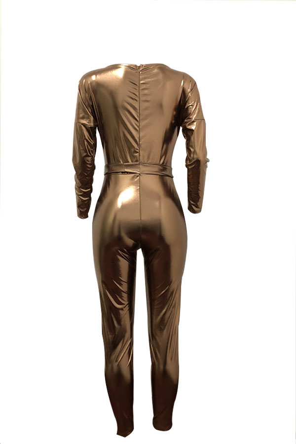  Trendy V Neck Beam Waist Gold Leather One-piece Jumpsuits(With Belt)