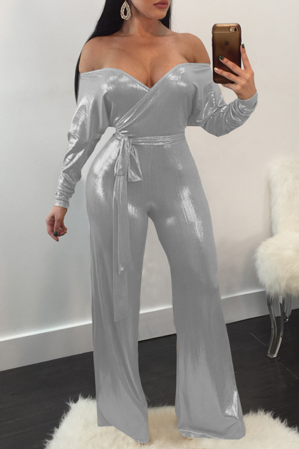  Trendy V Neck Beam Waist Silver Polyester One-piece Jumpsuits(With Belt)