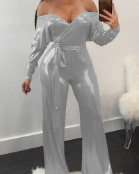  Trendy V Neck Beam Waist Silver Polyester One-piece Jumpsuits(With Belt)