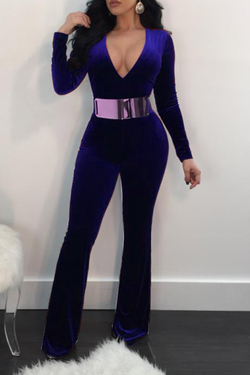  Trendy V Neck Long Sleeves Blue Velvet One-piece Jumpsuits(Without Belt)