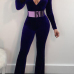  Trendy V Neck Long Sleeves Blue Velvet One-piece Jumpsuits(Without Belt)