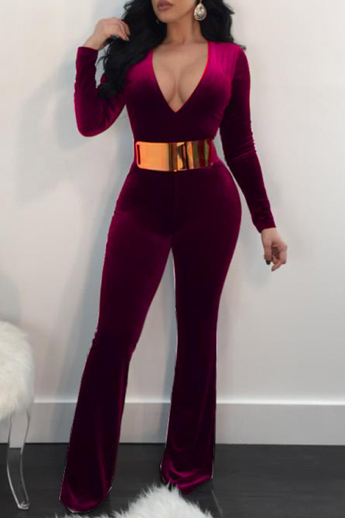  Trendy V Neck Long Sleeves Prunosus Velvet One-piece Jumpsuits(Without Belt)