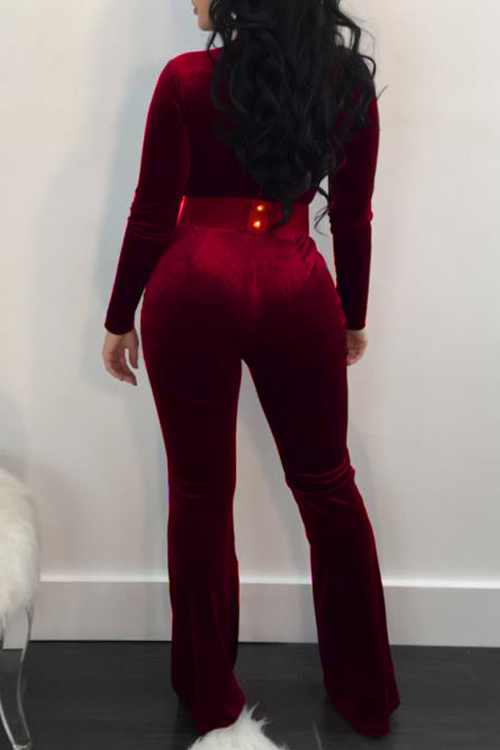  Trendy V Neck Long Sleeves Prunosus Velvet One-piece Jumpsuits(Without Belt)