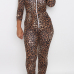 Casual Long Sleeves Zipper Design Leopard Polyester One-piece Skinny Jumpsuits