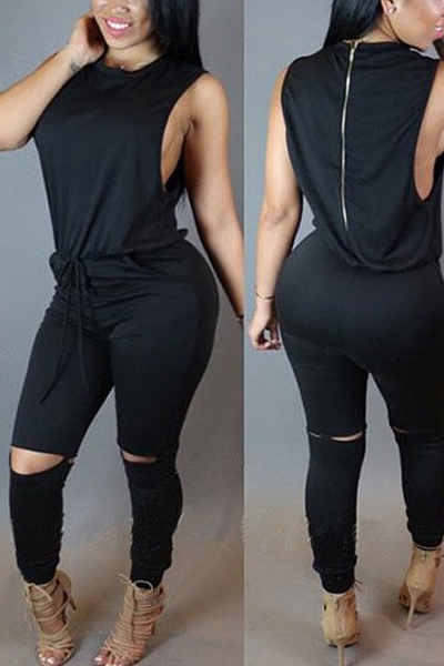 Casual O Neck Tank Sleeveless Drawstring Hollow-out Black Polyester One-piece Skinny Jumpsuits