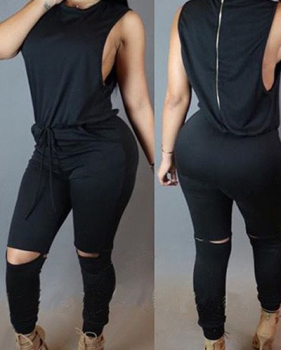 Casual O Neck Tank Sleeveless Drawstring Hollow-out Black Polyester One-piece Skinny Jumpsuits