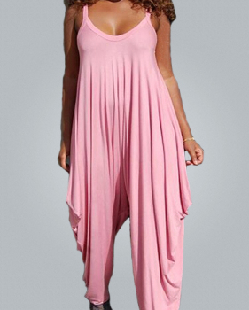 Casual U-shaped Neck Spaghetti Strap Sleeveless  Asymmetrical Pink Cotton Blends One-piece Jumpsuits