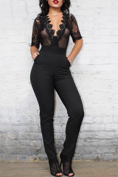 Charismatic V Neck Half Sleeves Mesh Patchwork Hollow-out Black Polyester One-piece Jumpsuits