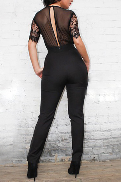 Charismatic V Neck Half Sleeves Mesh Patchwork Hollow-out Black Polyester One-piece Jumpsuits