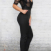 Charismatic V Neck Half Sleeves Mesh Patchwork Hollow-out Black Polyester One-piece Jumpsuits