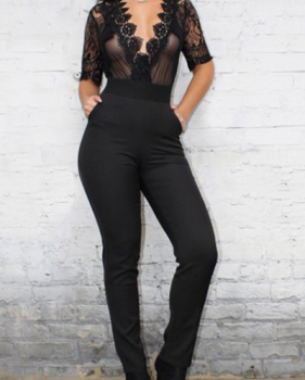 Charismatic V Neck Half Sleeves Mesh Patchwork Hollow-out Black Polyester One-piece Jumpsuits