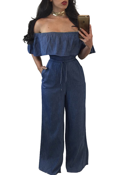 Charming Bateau Neck Falbala Design Blue Denim One-piece Jumpsuits