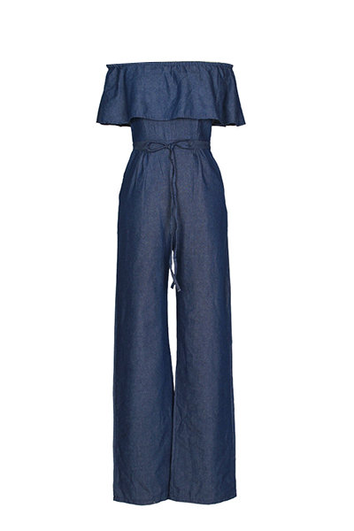 Charming Bateau Neck Falbala Design Blue Denim One-piece Jumpsuits