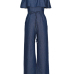 Charming Bateau Neck Falbala Design Blue Denim One-piece Jumpsuits