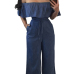 Charming Bateau Neck Falbala Design Blue Denim One-piece Jumpsuits