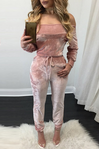 Charming Bateau Neck Long Sleeves Lace-up Pink Velvet One-piece Skinny Jumpsuits