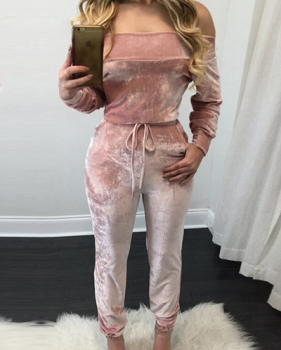 Charming Bateau Neck Long Sleeves Lace-up Pink Velvet One-piece Skinny Jumpsuits