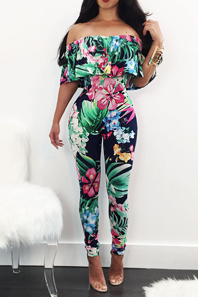 Charming Bateau Neck Short Sleeves Floral Print Qmilch One-piece Skinny Jumpsuits