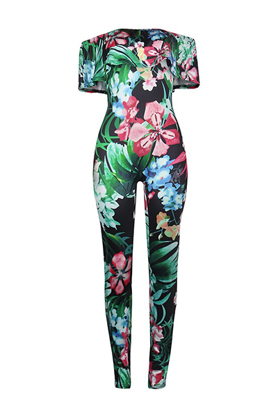 Charming Bateau Neck Short Sleeves Floral Print Qmilch One-piece Skinny Jumpsuits