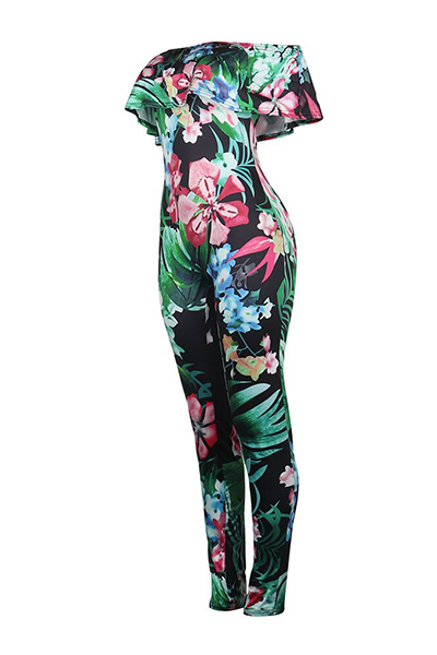 Charming Bateau Neck Short Sleeves Floral Print Qmilch One-piece Skinny Jumpsuits