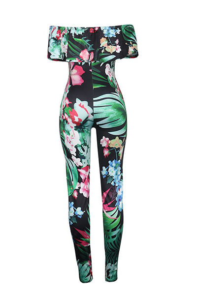 Charming Bateau Neck Short Sleeves Floral Print Qmilch One-piece Skinny Jumpsuits