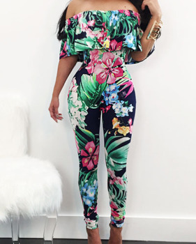 Charming Bateau Neck Short Sleeves Floral Print Qmilch One-piece Skinny Jumpsuits