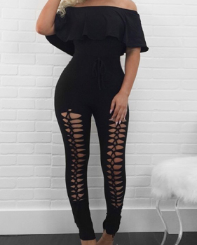 Charming Dew Shoulder Hollow-out Black Polyester One-piece Skinny Jumpsuits