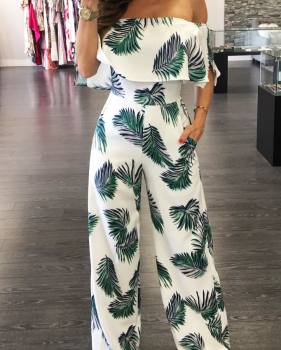 Charming Dew Shoulder Print White Milk Silk One-piece Jumpsuits(Without Accessories)