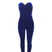 Charming Round Neck Gauze Splicing Blue Velvet One-piece Skinny Jumpsuits