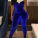 Charming Round Neck Gauze Splicing Blue Velvet One-piece Skinny Jumpsuits