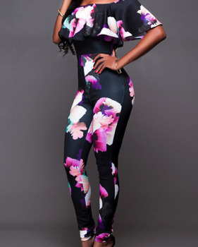 Charming Strapless Short Sleeves Floral Print Falbala Design Black Qmilch One-piece Jumpsuits