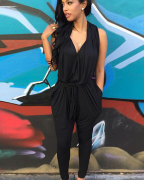 Cheap Casual V Neck Sleeveless Solid Black Blending One-piece Harem Jumpsuit