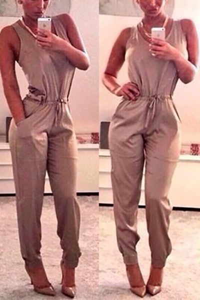 Cheap Sexy Tank Sleeveless Solid Grey Blending One-piece Regular Jumpsuit