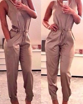 Cheap Sexy Tank Sleeveless Solid Grey Blending One-piece Regular Jumpsuit