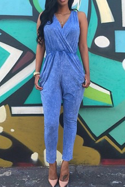 Cheap Sexy V Neck Tank Sleeveless Blue Blending One-piece Regular Jumpsuit