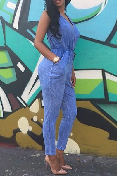 Cheap Sexy V Neck Tank Sleeveless Blue Blending One-piece Regular Jumpsuit