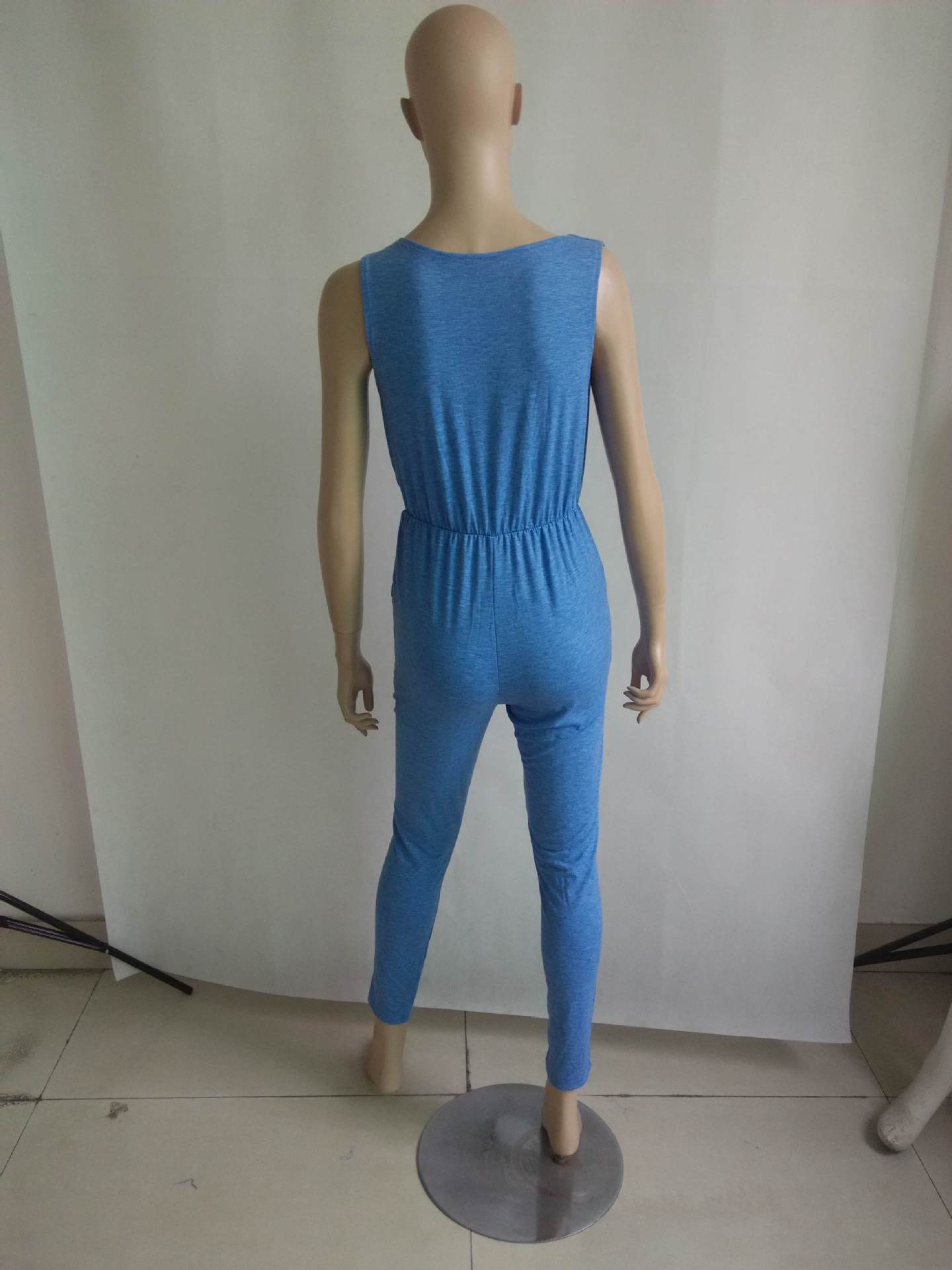 Cheap Sexy V Neck Tank Sleeveless Blue Blending One-piece Regular Jumpsuit