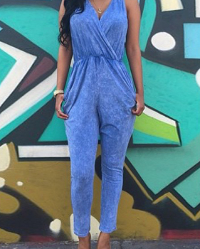 Cheap Sexy V Neck Tank Sleeveless Blue Blending One-piece Regular Jumpsuit