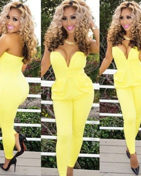 Cheap Sexy V-neck Strapless Yellow Polyester Jumpsuits