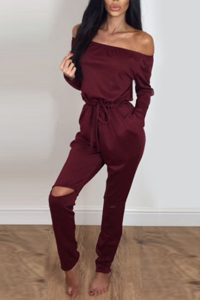 Contracted Style Bateau Neck Strapless Long Sleeves Broken Holes Wine Red Polyester One-piece Jumpsuits