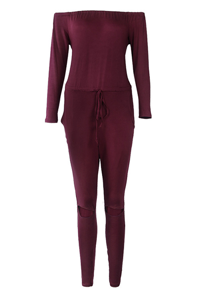 Contracted Style Bateau Neck Strapless Long Sleeves Broken Holes Wine Red Polyester One-piece Jumpsuits