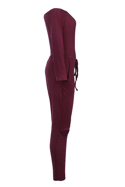 Contracted Style Bateau Neck Strapless Long Sleeves Broken Holes Wine Red Polyester One-piece Jumpsuits