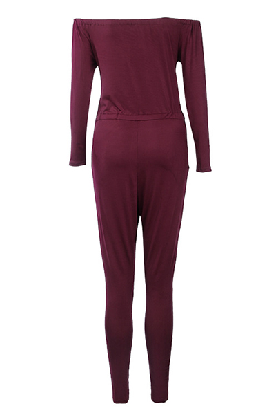 Contracted Style Bateau Neck Strapless Long Sleeves Broken Holes Wine Red Polyester One-piece Jumpsuits