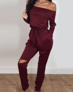 Contracted Style Bateau Neck Strapless Long Sleeves Broken Holes Wine Red Polyester One-piece Jumpsuits