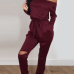 Contracted Style Bateau Neck Strapless Long Sleeves Broken Holes Wine Red Polyester One-piece Jumpsuits